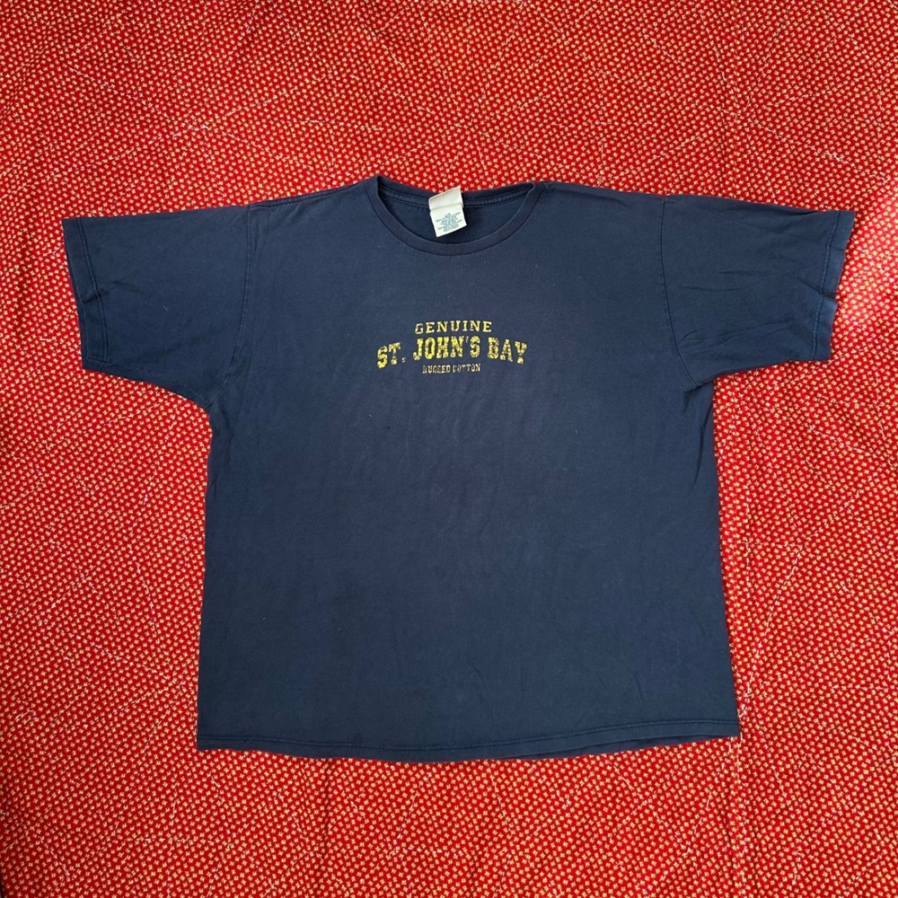 Vintage St Johns Bay Rugged Cotton T-Shirt Navy Blue Graphic Tee Large USA Made